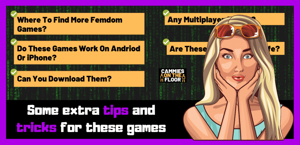 A list of some extra tips and tricks when playing these games next to an illustration of a blonde woman holding her cheeks and opening her eyes wide. 
