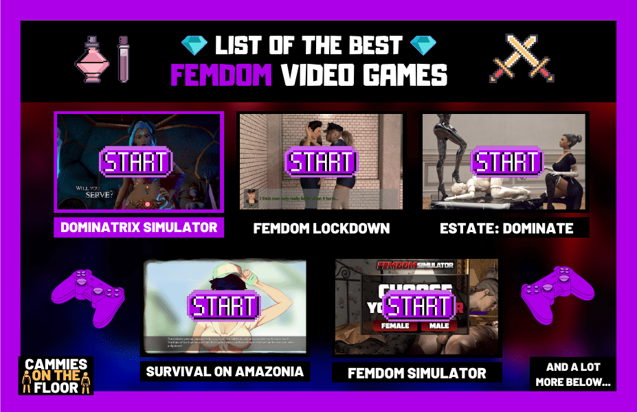 Illustration of the top 5 femdom video games. The illustration has 5 games, all the games have a screenshot of gameplay above their name. The games mentioned are dominatrix simulator, femdom lockdown, estate: dominate, survival on amazonia, and femdom simulator.